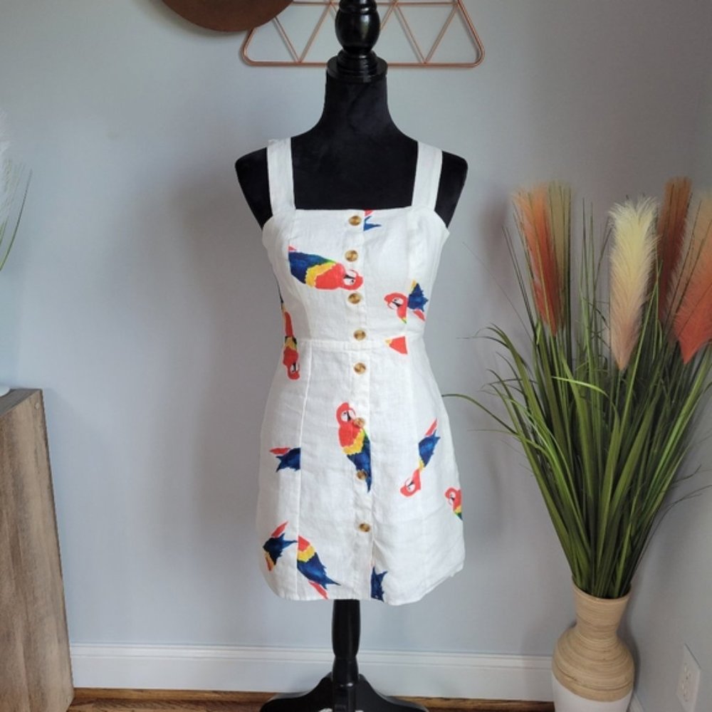 Farm Rio, New, Macaw White Linen Parrot Mini Dress Sundress Dress, XS - Picture 6 of 6